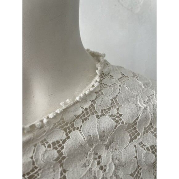 Vintage Crochet Boho Lace Duster Cardigan Size S Open Front Sheer Pom Pom Trim - Picture 7 of 8